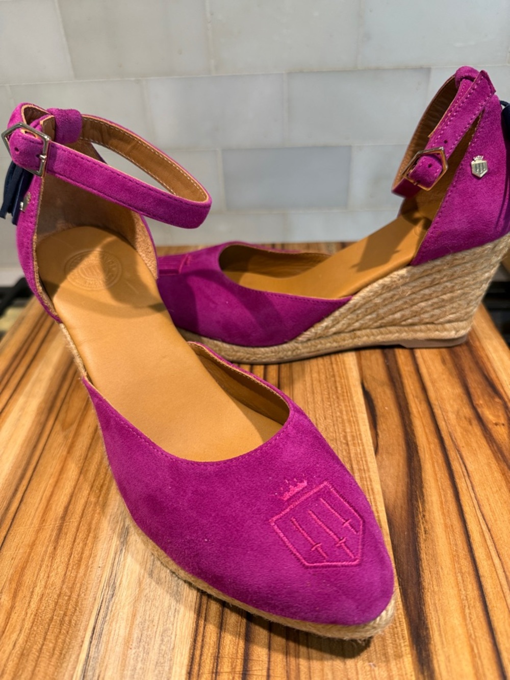 Fairfax & Favor Fuchsia Suede Wedge Espadrilles with Ankle Strap - Picture 7 of 10